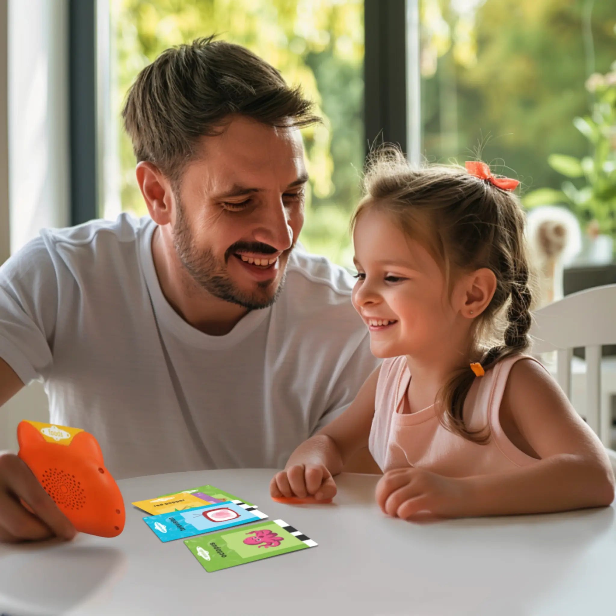 Father and daughter using the Card Early Education Device for interactive early learning and fun educational activities.
