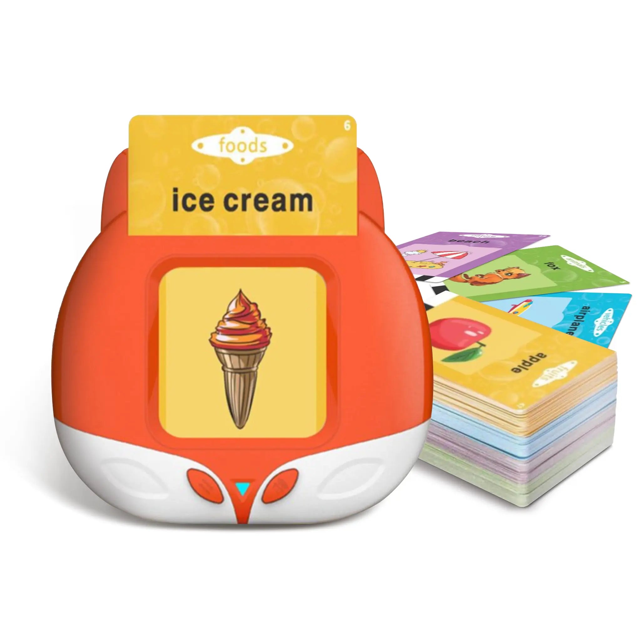 Card Early Education Device with "ice cream" flashcard and a stack of learning cards.