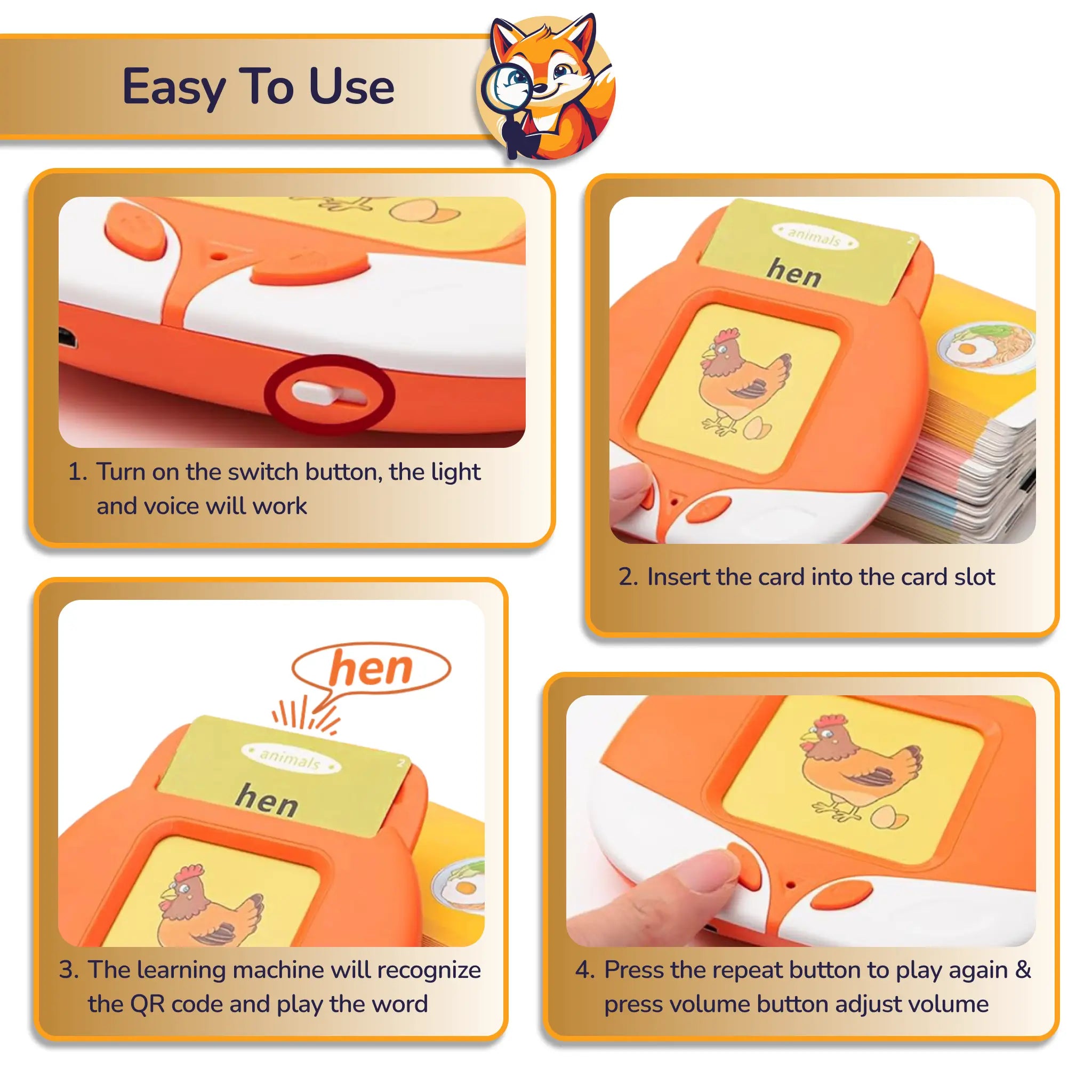 How to use Card Early Education Device: turn on, insert card, hear word, and repeat.