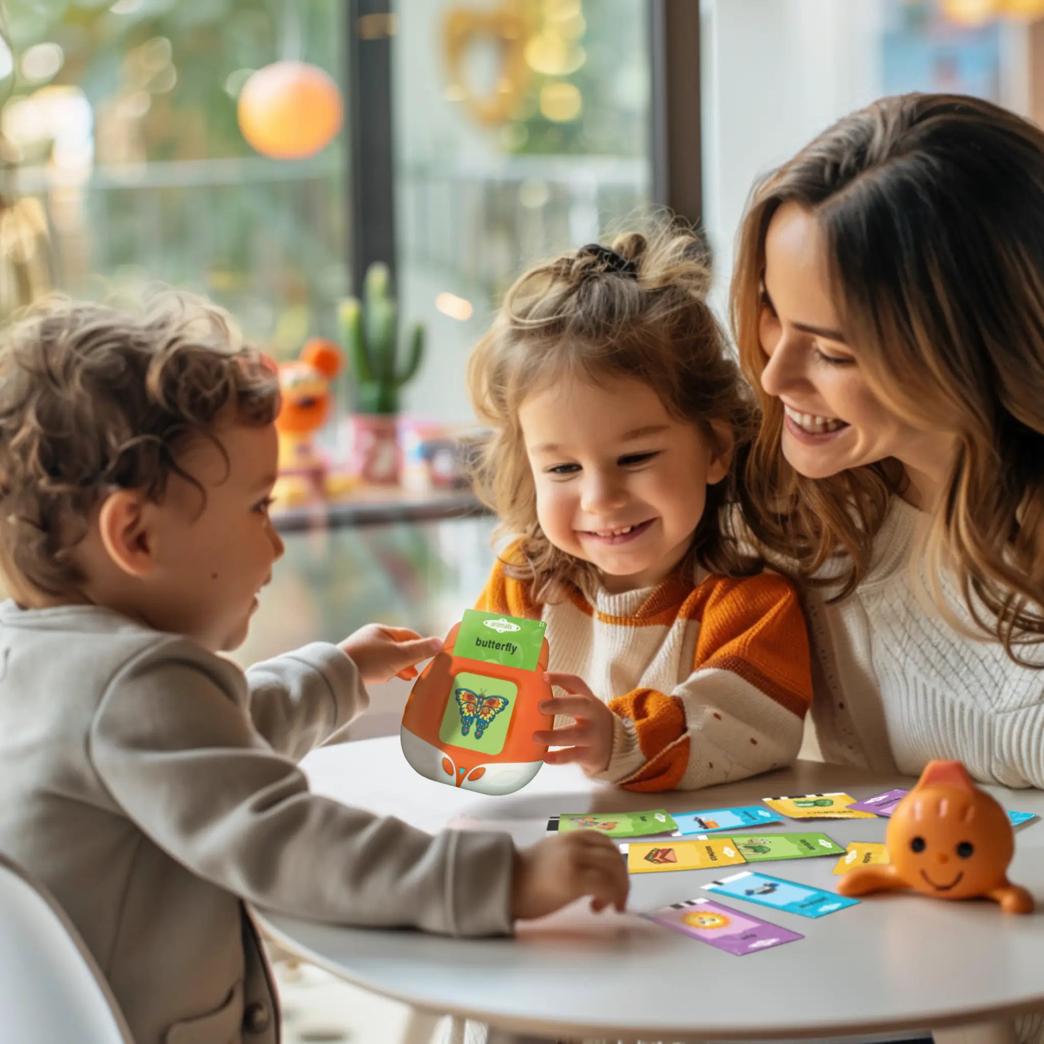 Kids playing with the Card Early Education Device, a fun interactive learning toy for early childhood education.
