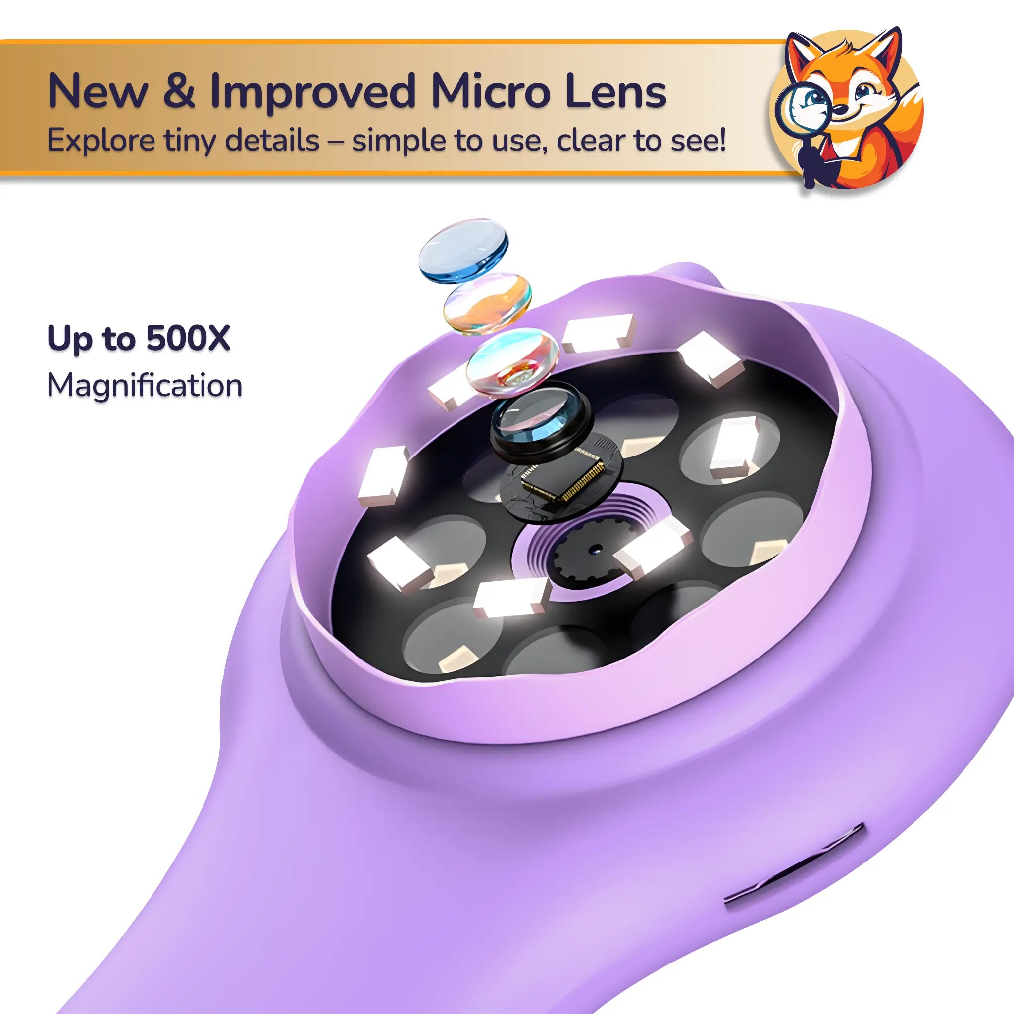 Handheld kids digital microscope toy with up to 500X magnification for exploring tiny details