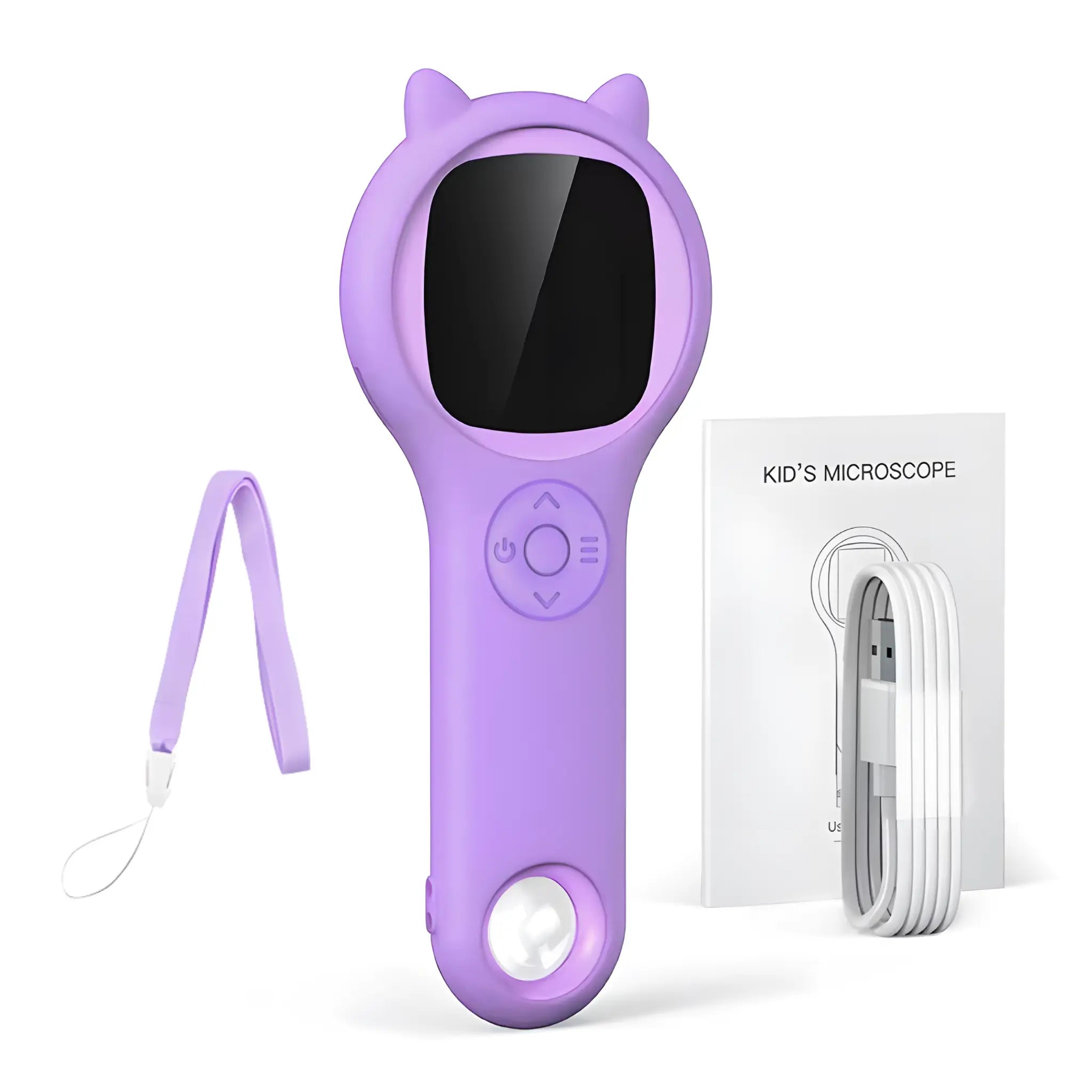 Purple handheld kids digital microscope 500x with screen, USB charging cable and wrist strap