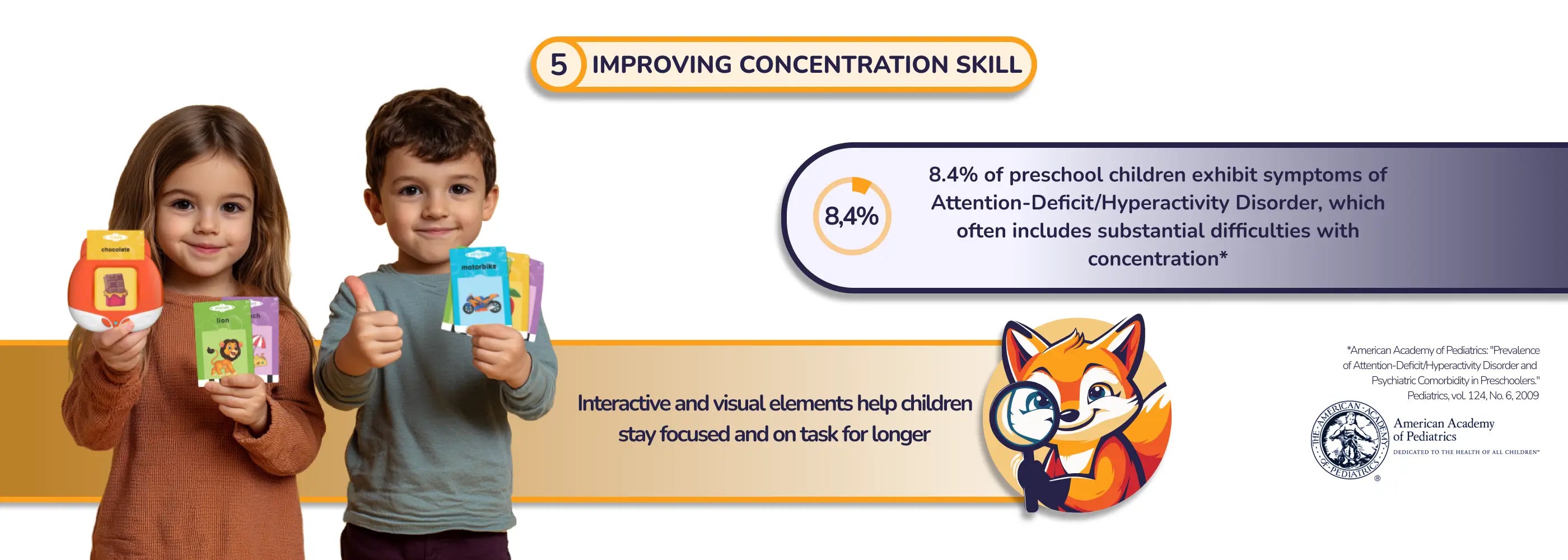 Wide-format image of two children holding colorful flashcards and an interactive learning device designed to enhance focus and concentration. The text highlights that 8.4% of preschool children show ADHD symptoms, often leading to concentration difficulties, emphasizing the tool’s benefits for improving attention skills.