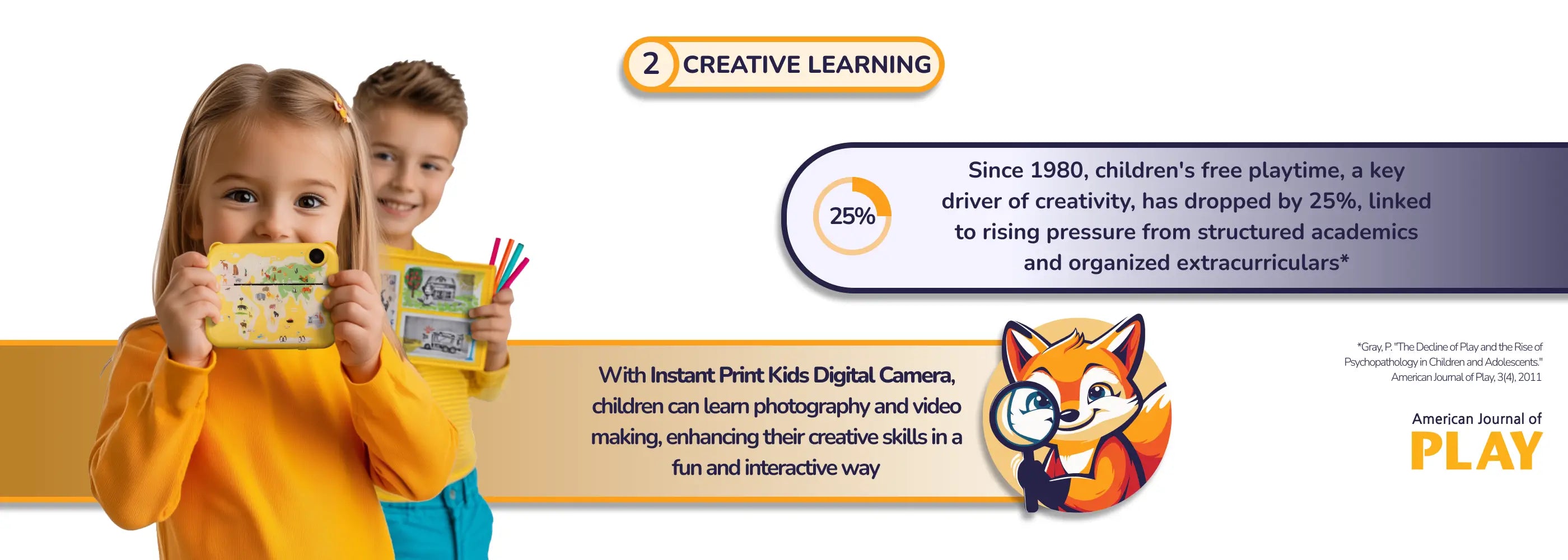 Two children in yellow sweaters using an Instant Print Kids Digital Camera – a girl holds the camera, while a boy shows a printed and decorated photo with colorful markers. The image highlights the benefits of creative learning, allowing kids to explore photography and video making in a fun and interactive way.