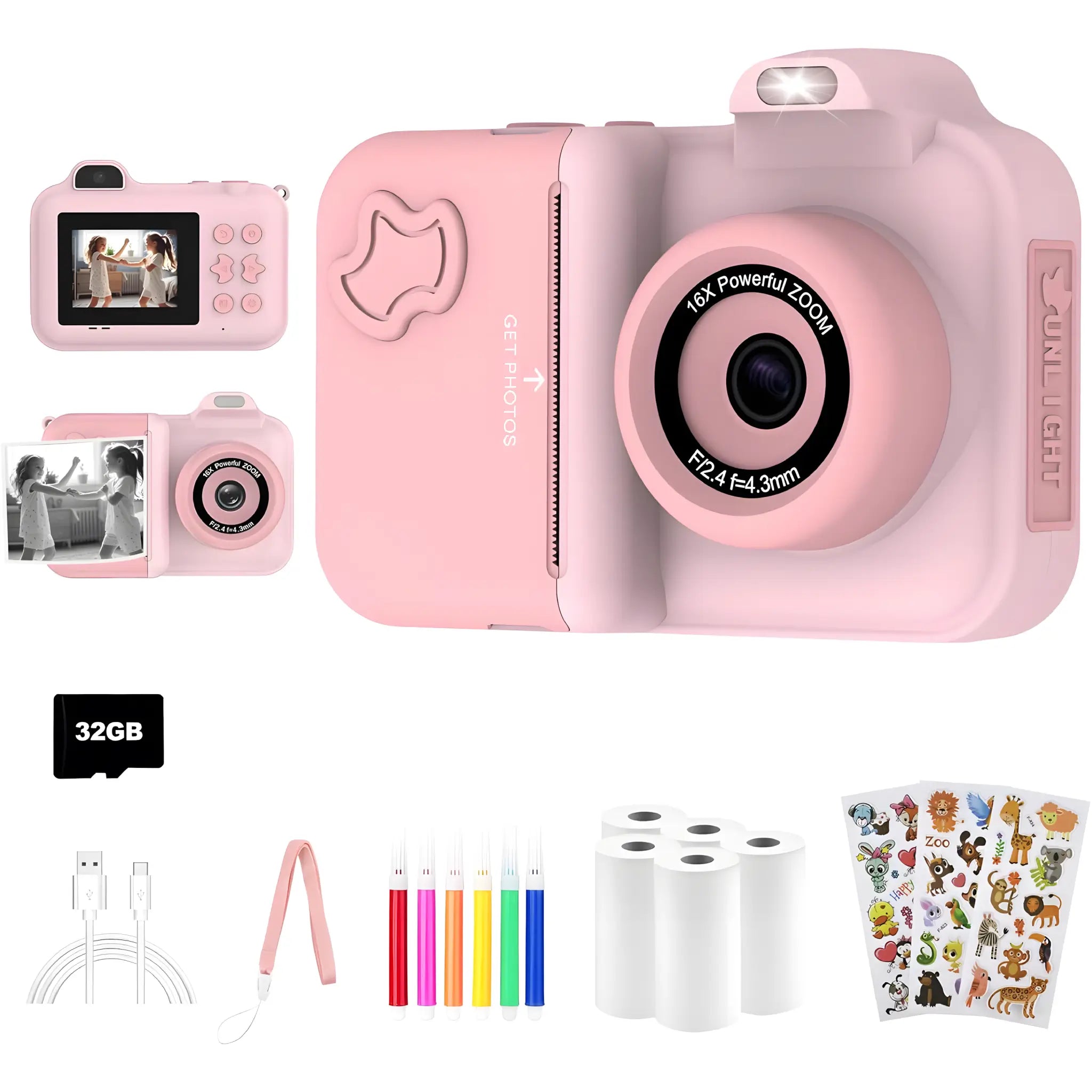 Pink Instant Print Kids Camera Max Dual Lens 1080P Set with 5 Paper Rolls, 32GB Card, USB Cable, Matching Strap, Stickers, and 6 Color Pens – Fun Gift for Girls