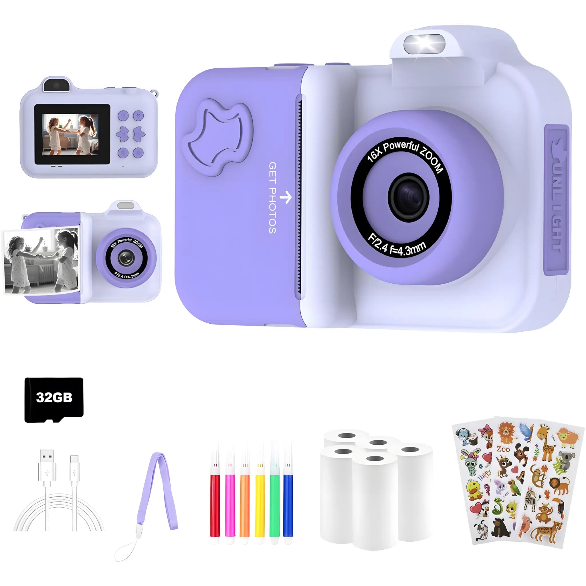 Purple Instant Print Kids Camera Max Dual Lens 1080P Set including 5 Print Rolls, 32GB Card, Charging Cable, Strap, Stickers, and 6 Color Pens – Creative Gift for Kids