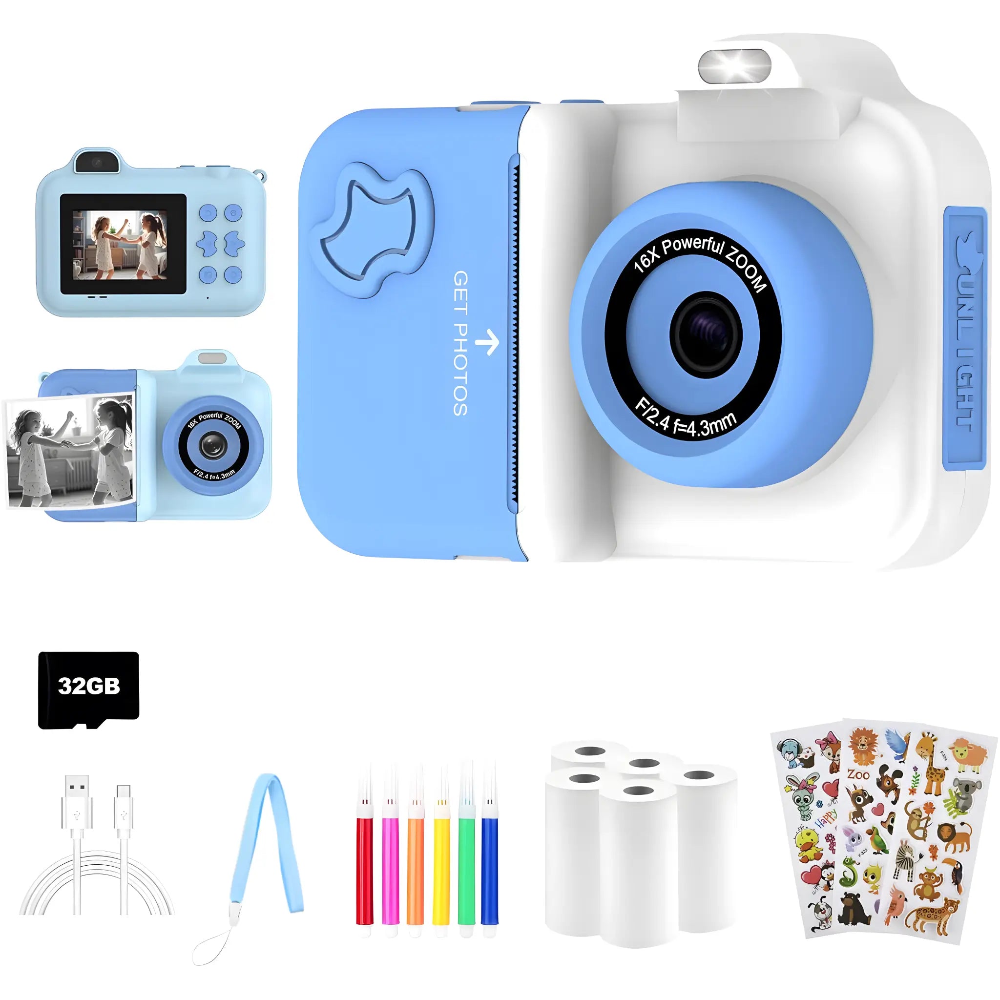 White Blue Instant Print Kids Camera Max Dual Lens 1080P Set with 5 Paper Rolls, 32GB Memory Card, USB Cable, Strap, Stickers, and 6 Color Pens – Great Gift for Children