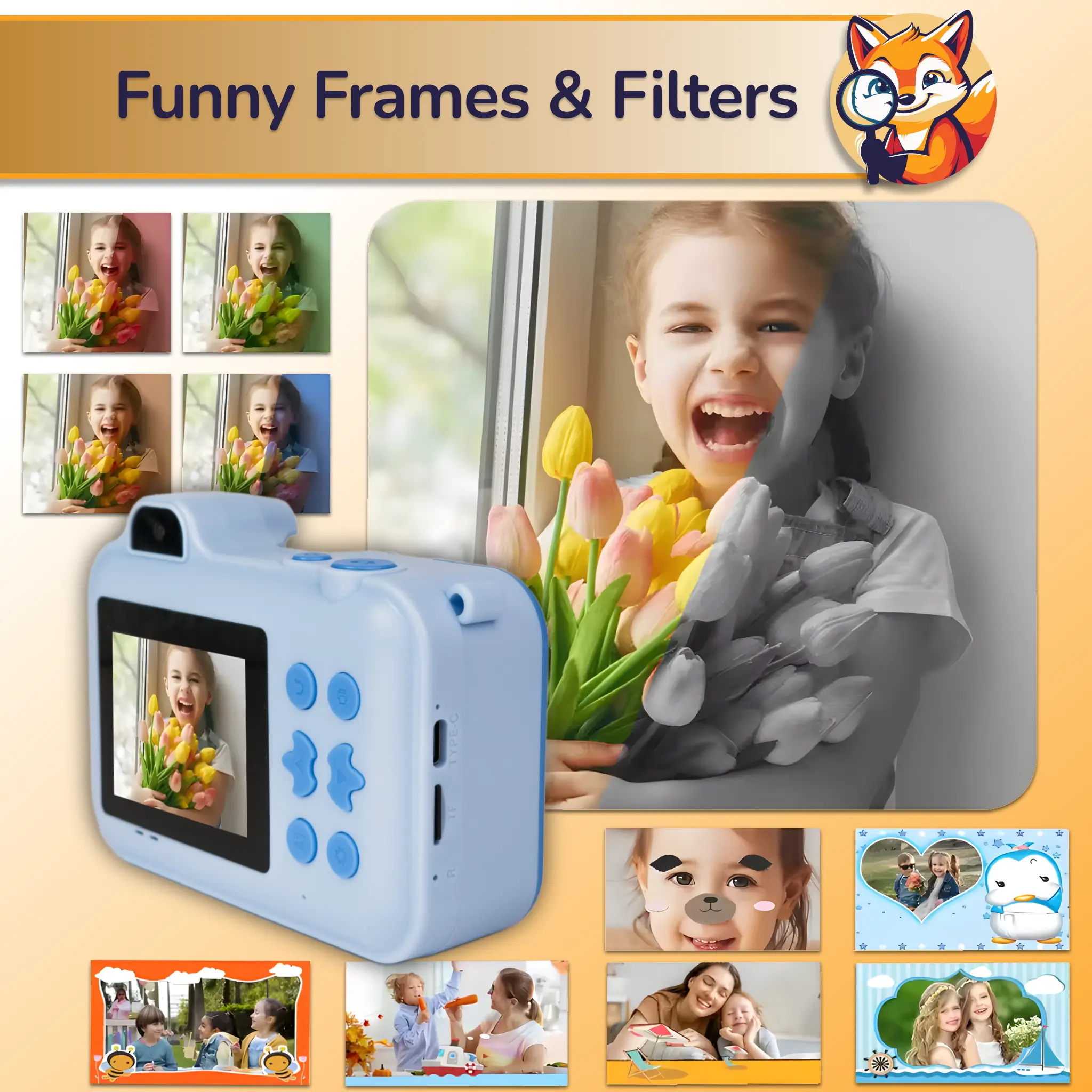 Blue Instant Print Kids Camera Max with dual lens showing funny frames and photo filters for creative kids photography