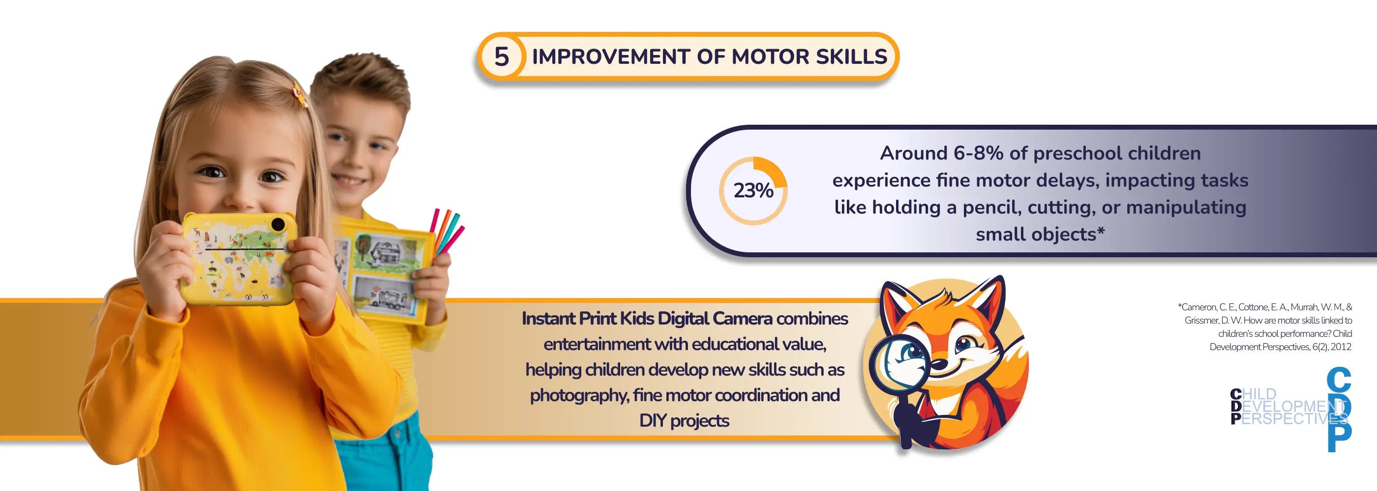 Two children in yellow sweaters using an Instant Print Kids Digital Camera. The girl holds the camera up to her face, while the boy displays a printed photo decorated with colorful markers. The image highlights how using the camera can improve fine motor skills by encouraging hands-on activities like photography, drawing, and DIY projects.