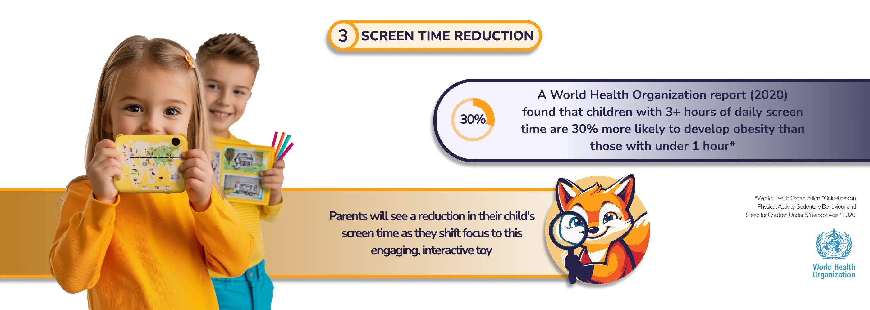 Two children in yellow sweaters using an Instant Print Kids Digital Camera – a girl holds the camera, while a boy displays a printed and decorated photo with markers. The image promotes screen time reduction by encouraging kids to engage in hands-on creative play instead of excessive digital device use.