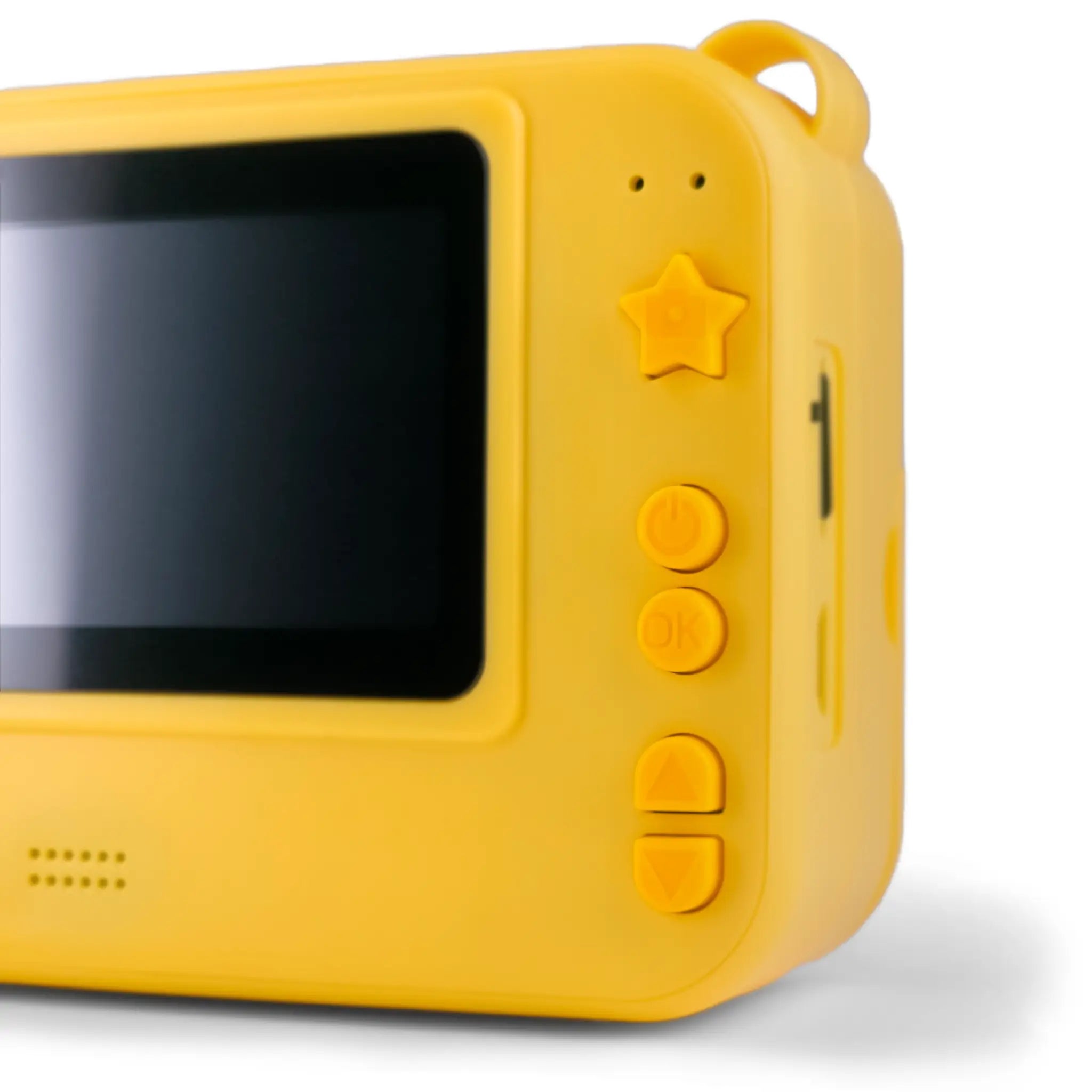 Close-up of the Instant Print Kids Digital Camera in yellow, showcasing its large screen and user-friendly buttons, including a star-shaped shutter button. The design is tailored for young photographers, offering easy navigation and instant photo printing for creative fun.