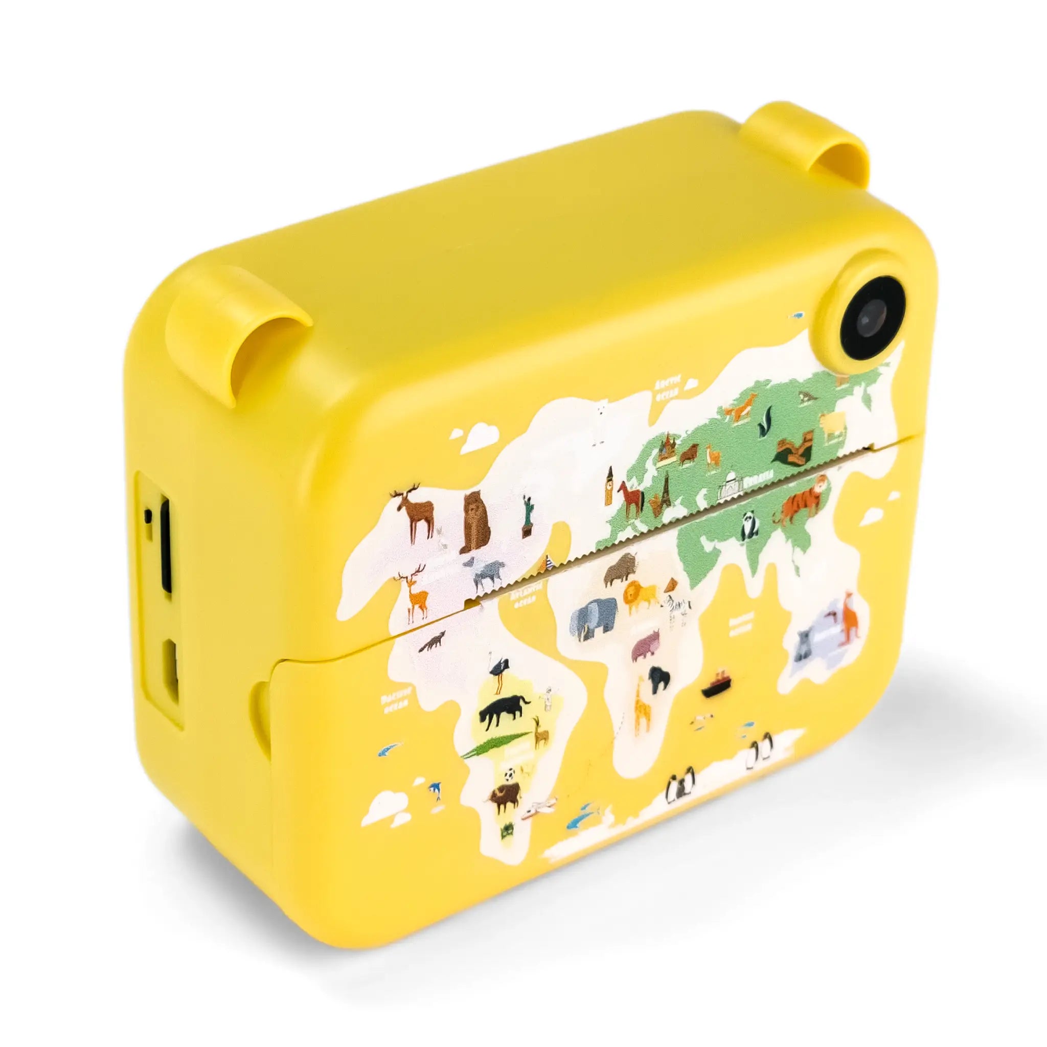 Side view of the Instant Print Kids Digital Camera in yellow, featuring a world map design with illustrated animals and landmarks. The image highlights the camera's compact, kid-friendly design, built-in instant printer, and easy-to-use controls for creative play.