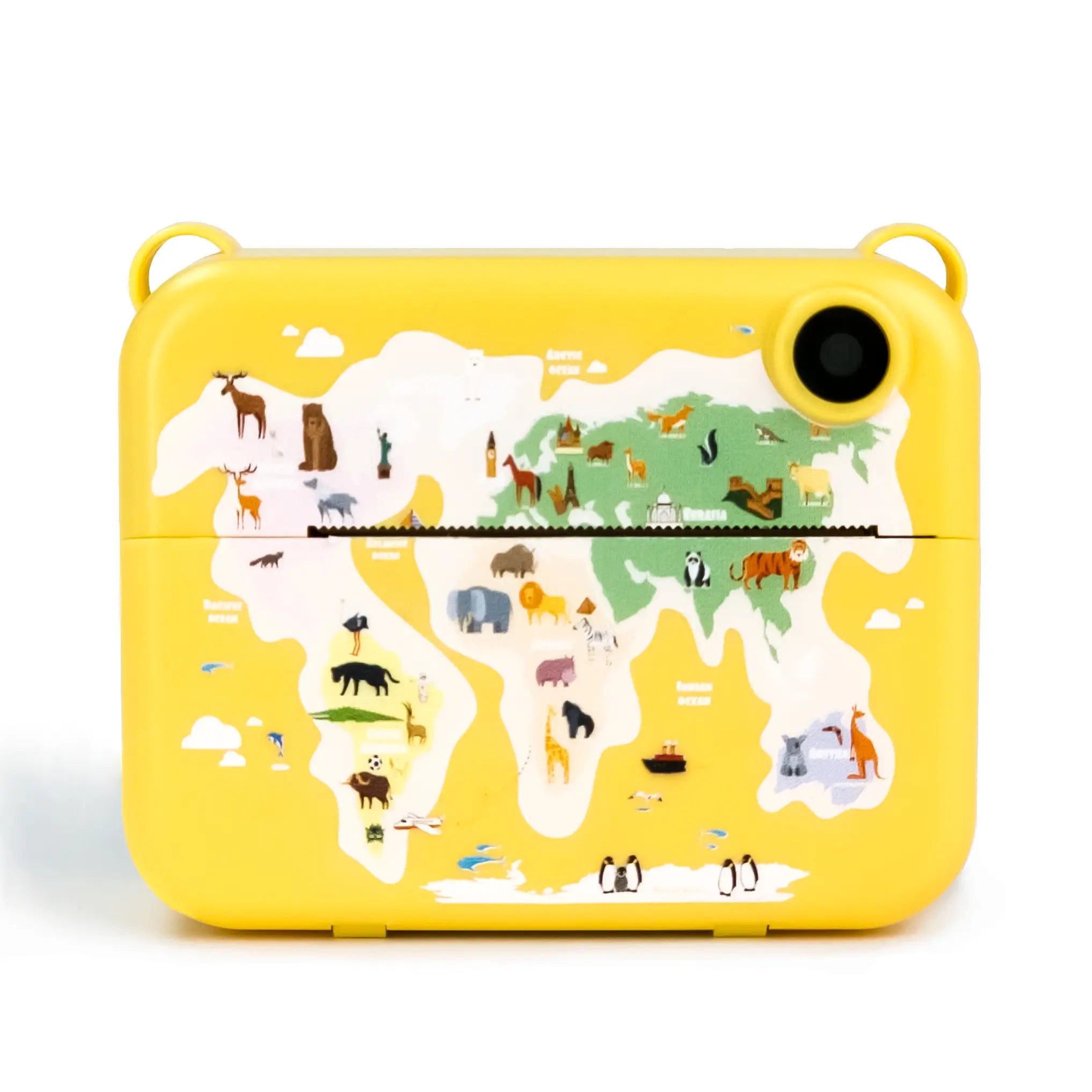 Instant Print Kids Digital Camera in a vibrant yellow design featuring a world map with illustrated animals and landmarks. This kid-friendly camera encourages creativity, exploration, and early learning through instant photo printing and interactive play.