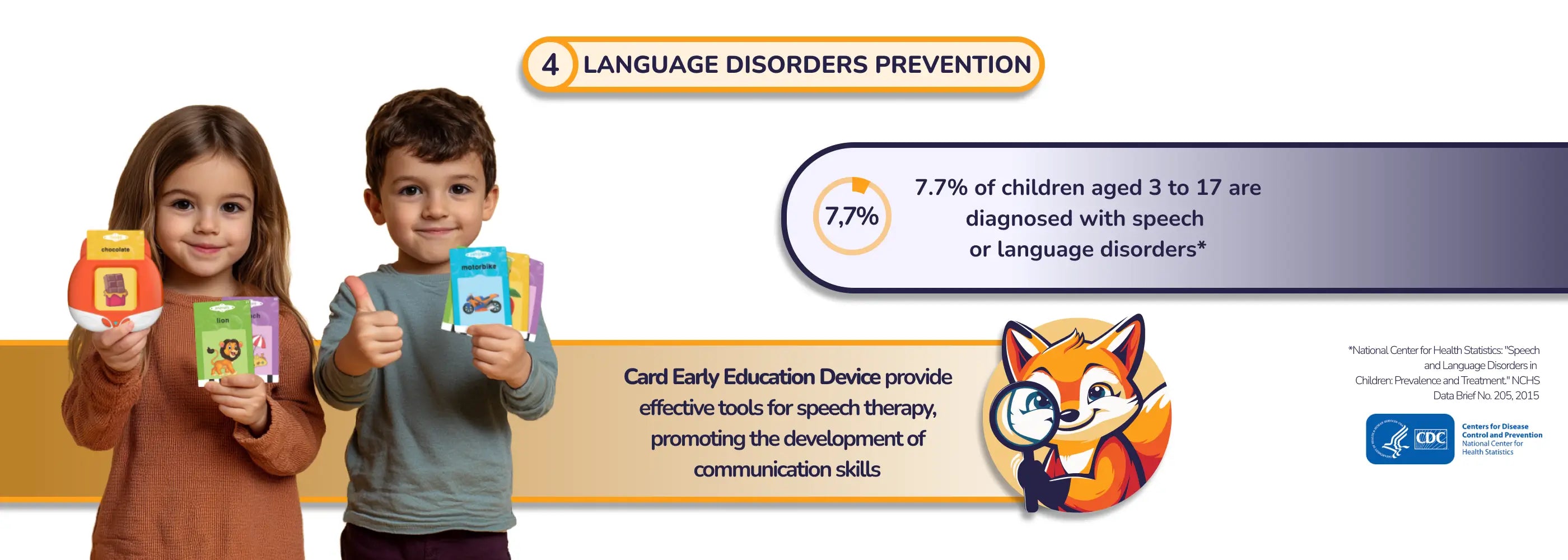 Wide-format image featuring two smiling children holding colorful educational flashcards and an interactive learning device. The text highlights that 7.7% of children aged 3 to 17 are diagnosed with speech or language disorders, emphasizing the tool’s role in supporting speech therapy and improving communication skills.