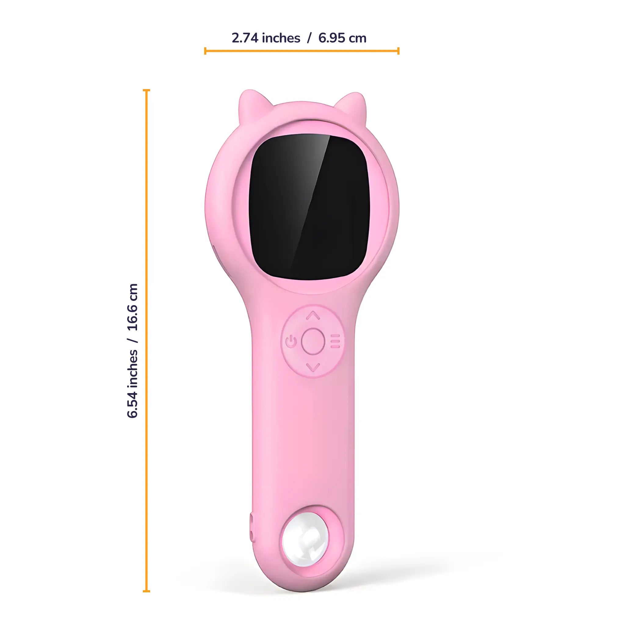 Pink digital microscope for kids with a screen, buttons, and a built-in light, measuring 6.54 x 2.74 inches, ideal for educational exploration