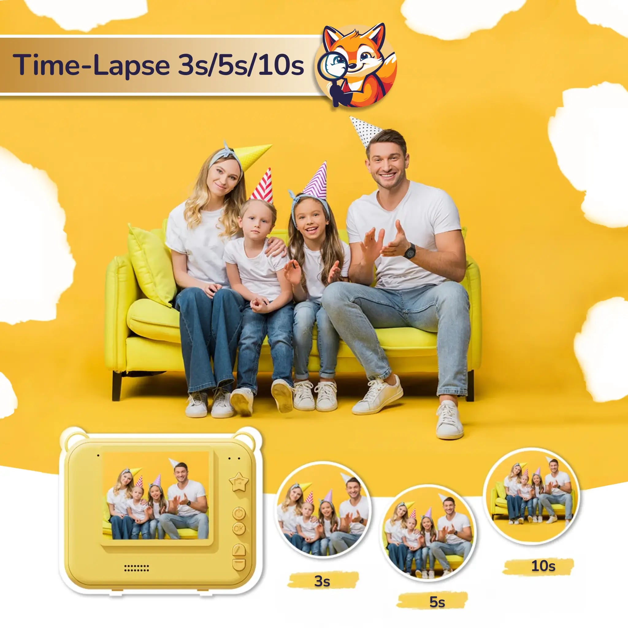 A family of four sitting on a yellow couch wearing party hats, posing for a time-lapse photo with a children's digital camera. The image highlights a time-lapse feature with options for 3s, 5s, and 10s intervals.