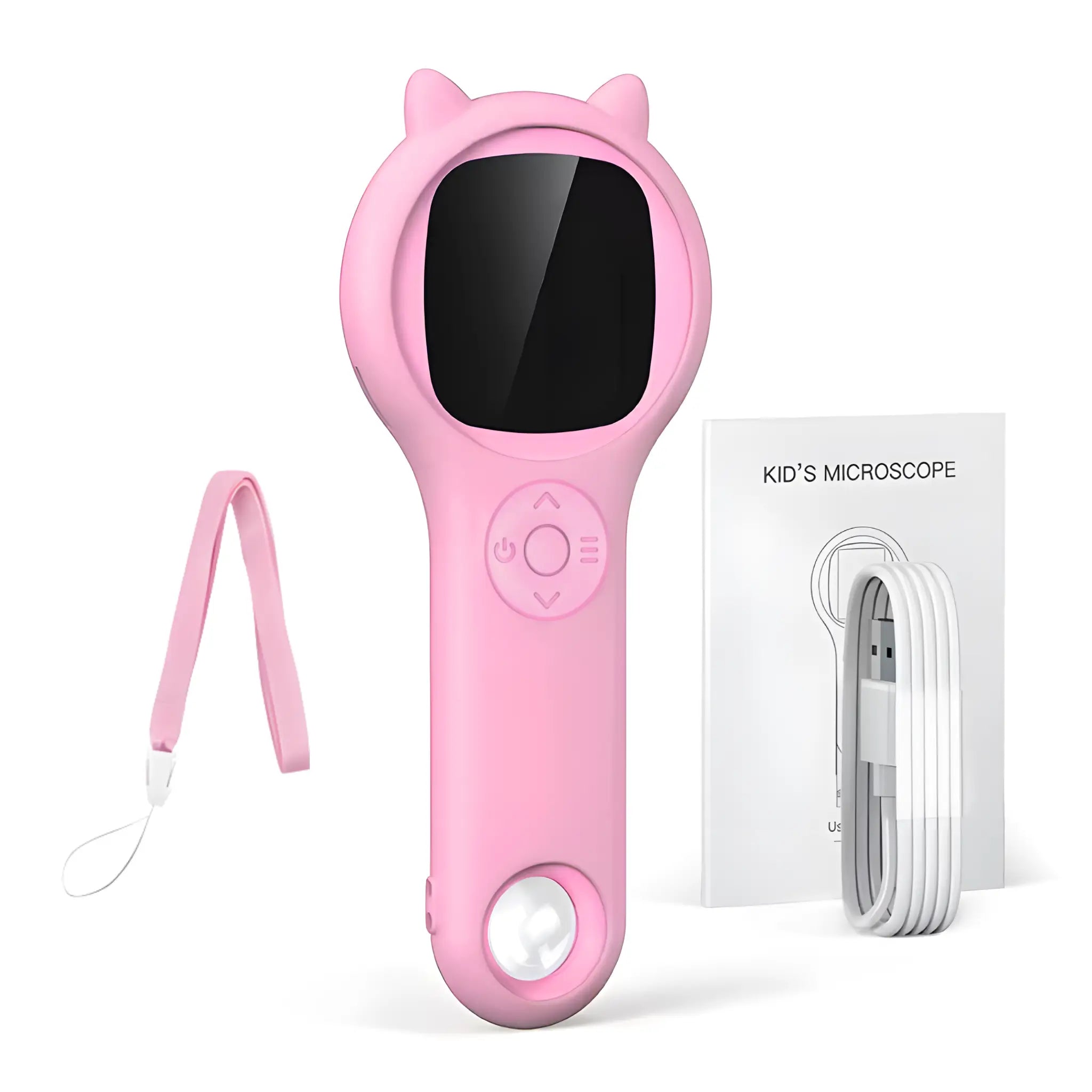 Pink handheld kids digital microscope 500x with screen, USB charging cable and wrist strap