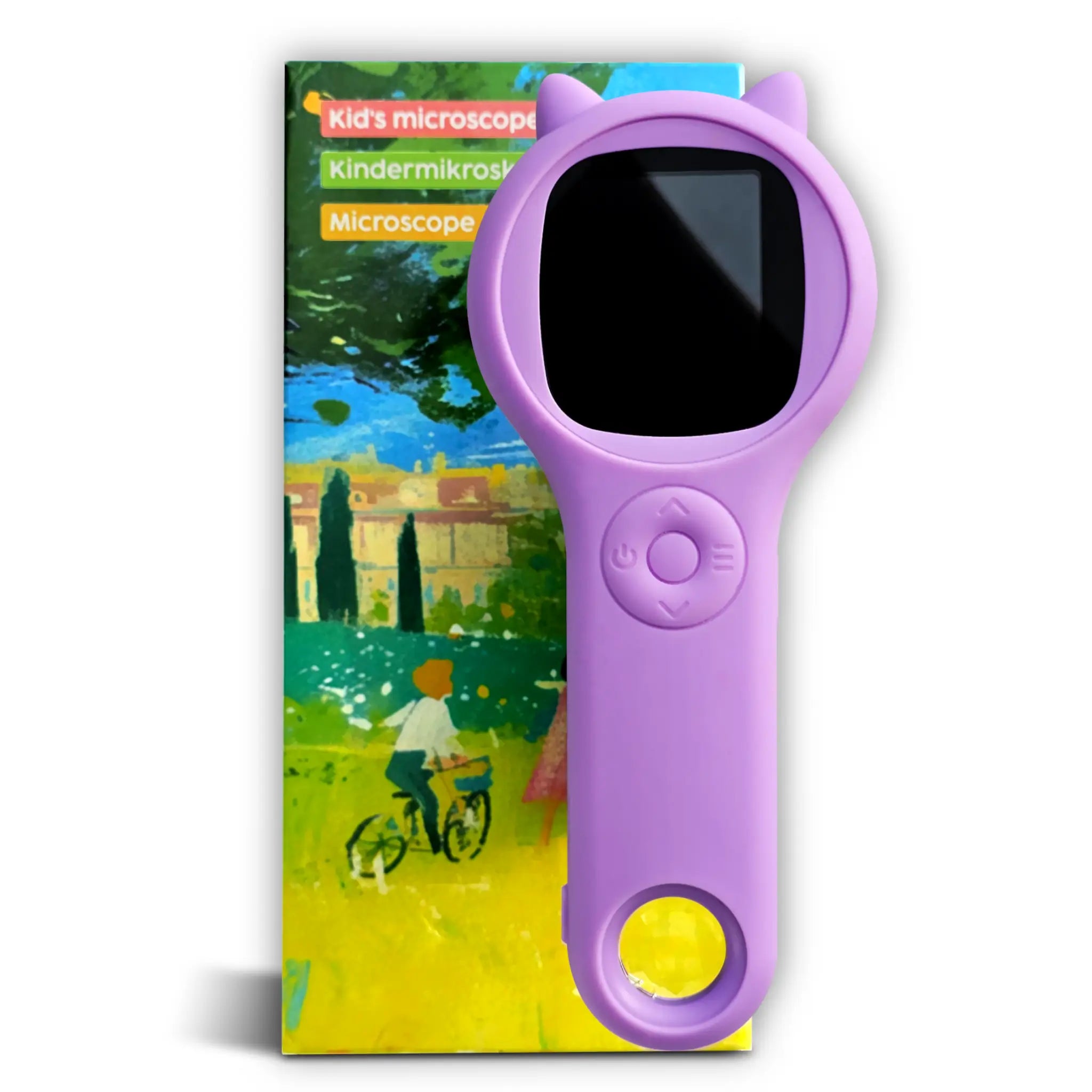 Handheld Kids Digital Microscope in purple color with a colorful box in the background, perfect for children’s science and nature exploration