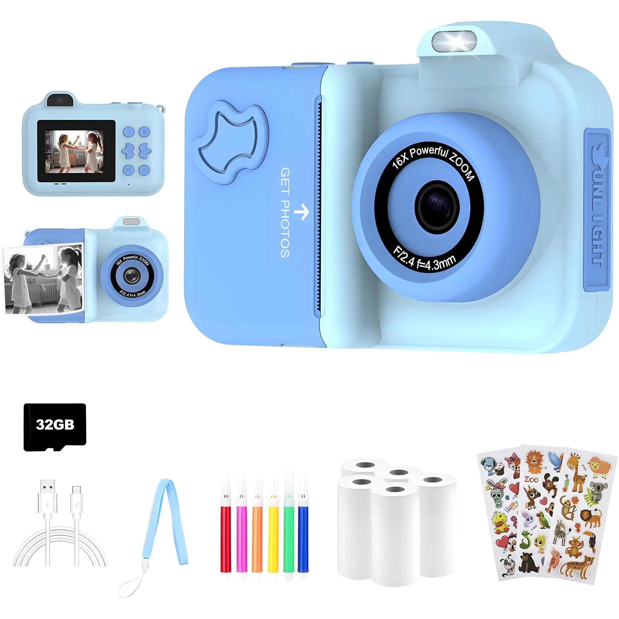 Blue Instant Print Kids Camera Max Dual Lens 1080P Set with 5 Paper Rolls, 32GB Memory Card, Charging Cable, Strap, Stickers, and 6 Color Pens – Perfect Gift for Children
