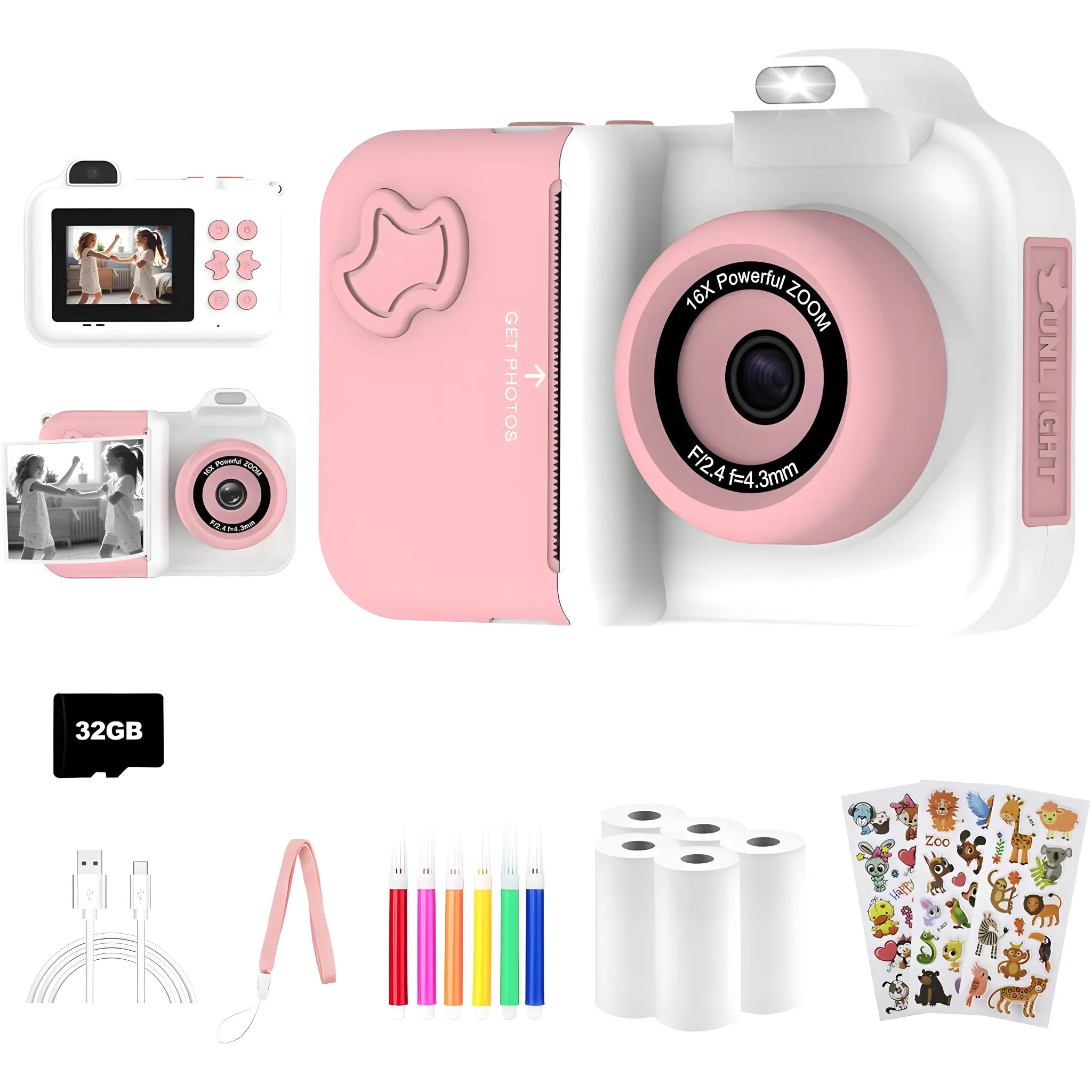 White Pink Instant Print Kids Camera Max Dual Lens 1080P Set with 5 Printing Rolls, 32GB Card, Cable, Strap, Stickers, and 6 Color Pens – Cute Camera Gift for Kids