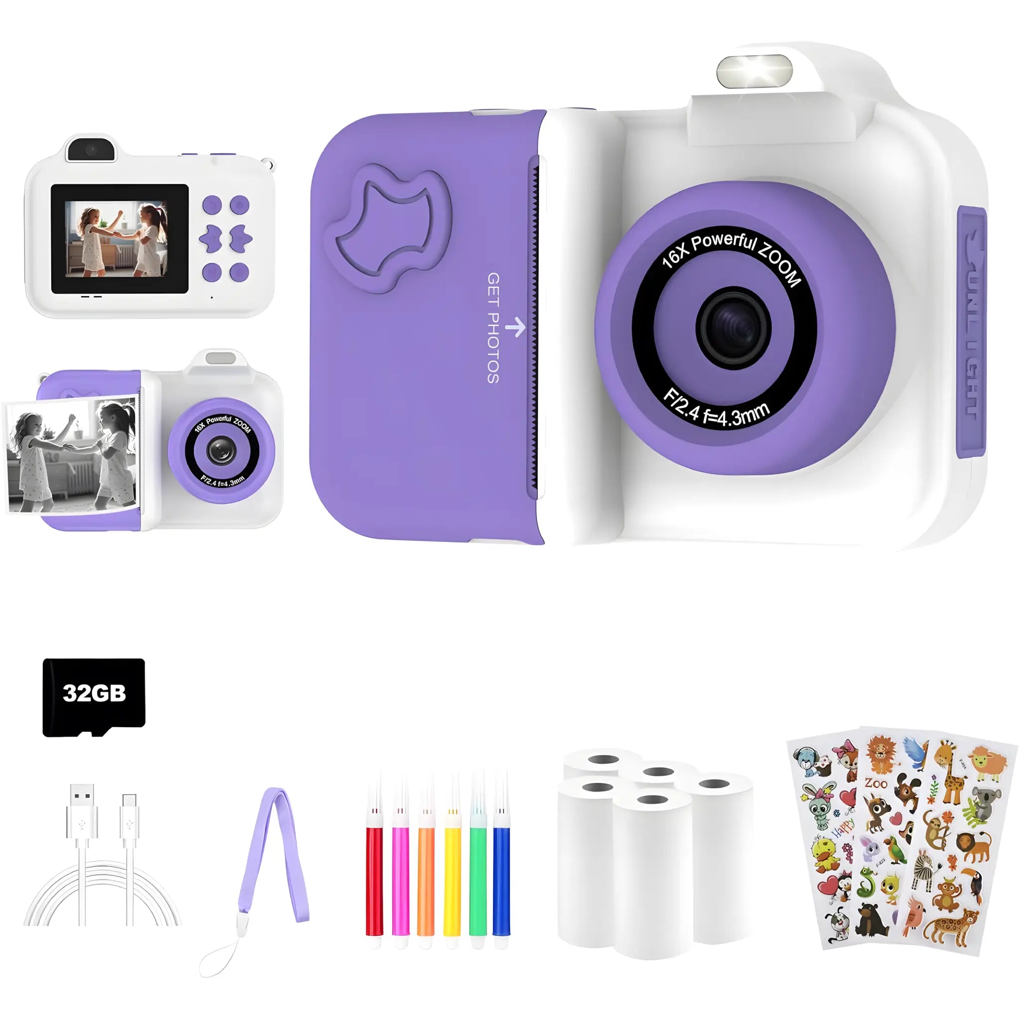 White Purple Instant Print Kids Camera Max Dual Lens 1080P Set with 5 Print Rolls, 32GB Card, USB Cable, Strap, Stickers, and 6 Color Pens – Perfect Gift Set for Children