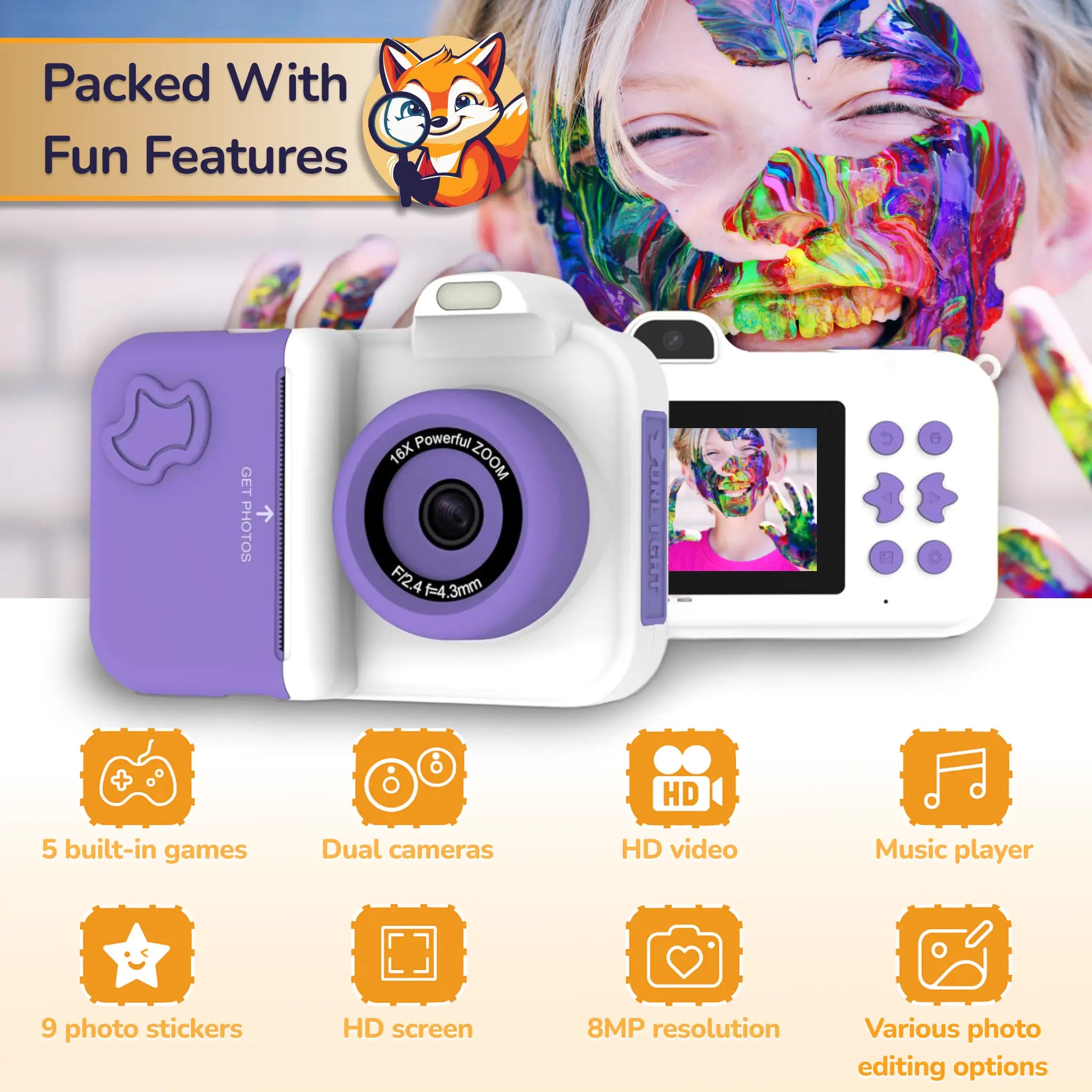 Purple and white Instant Print Kids Camera Max with dual lenses showing fun features like HD video, games, music player, photo stickers, and editing options