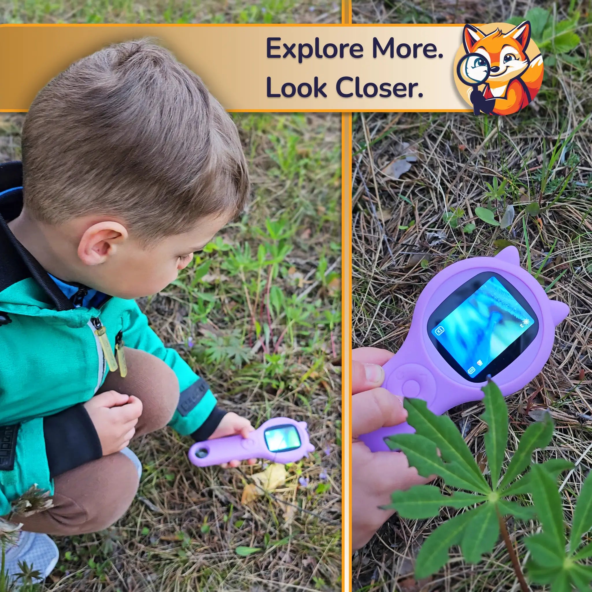 Collage showing a child exploring flowers with a handheld kids digital microscope and a close-up view of the microscope screen displaying plant details