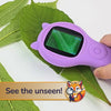 Child exploring green leaf through handheld kids digital microscope on white background – See the unseen!
